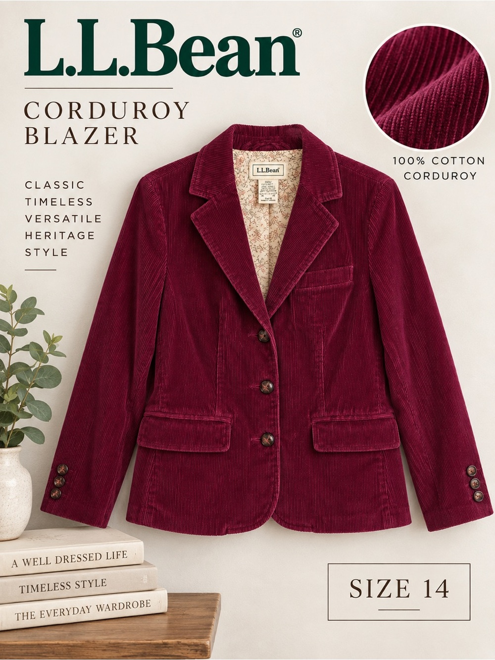 L.L.Bean Corduroy Blazer Jacket Size 14 Petite Berry Wine Cotton Cottagecore